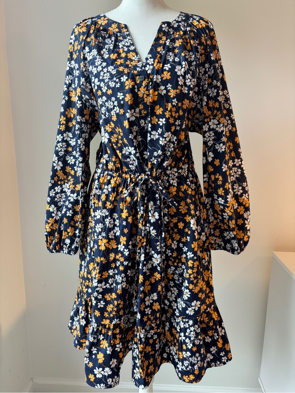 Reese Witherspoon Draper James Navy Floral Tie-Waist Long Sleeve Dress - Large